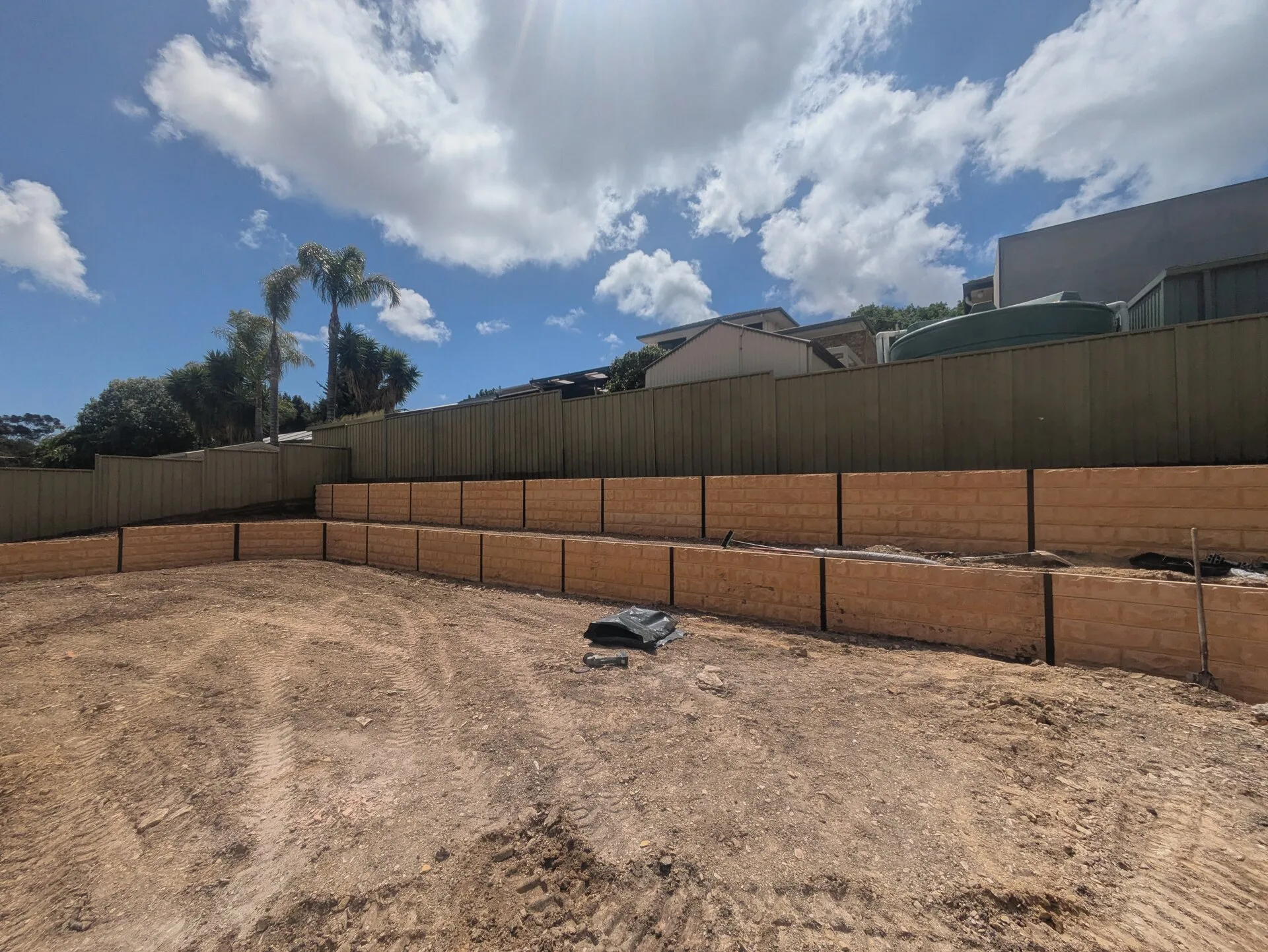 Tiered concrete-sleeper retaining wall in Kensington sleepers, garden terraces, Barossa